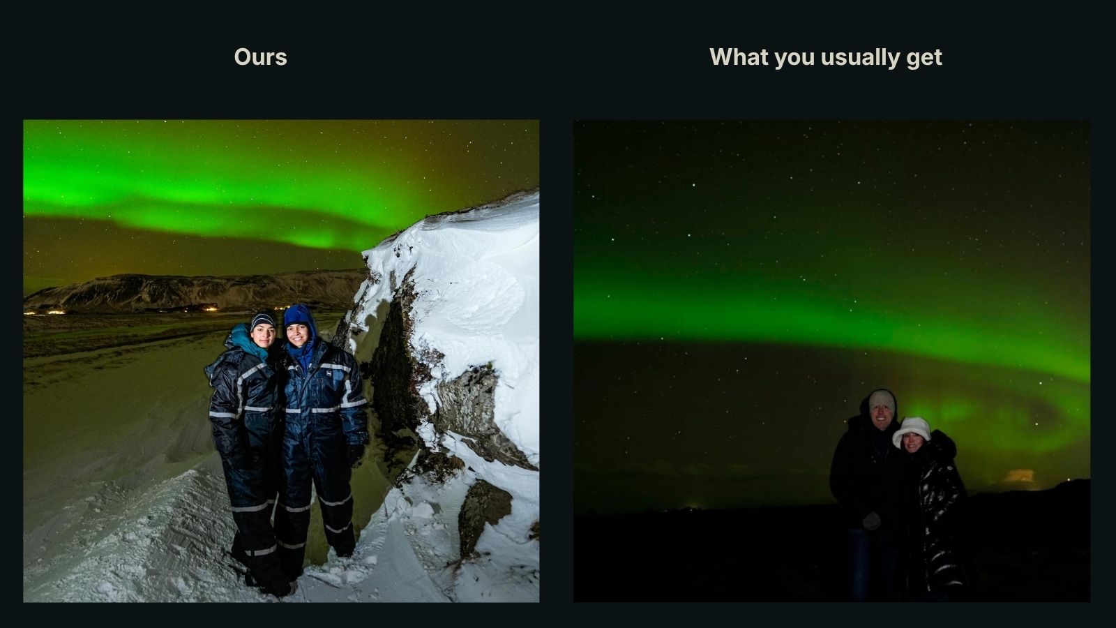 Side by side comparison labelled Ours and What you usually get. Ours shows two guests full length beside a snow bank with the landscape visible; the other shows them cropped and centred with no sense of place.