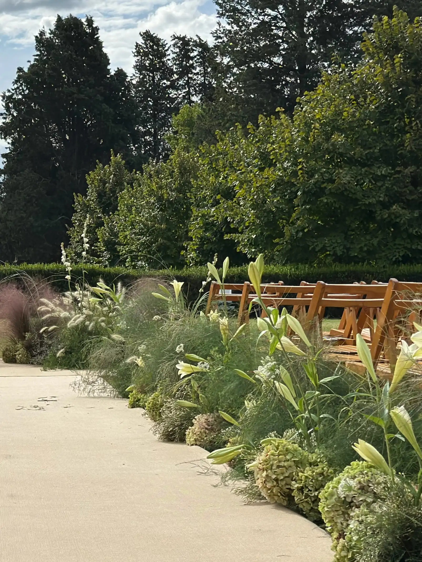 Pasillo floral con lirios y gramíneas para eventos al aire libre que buscan integrar naturaleza, textura y movimiento orgánico.