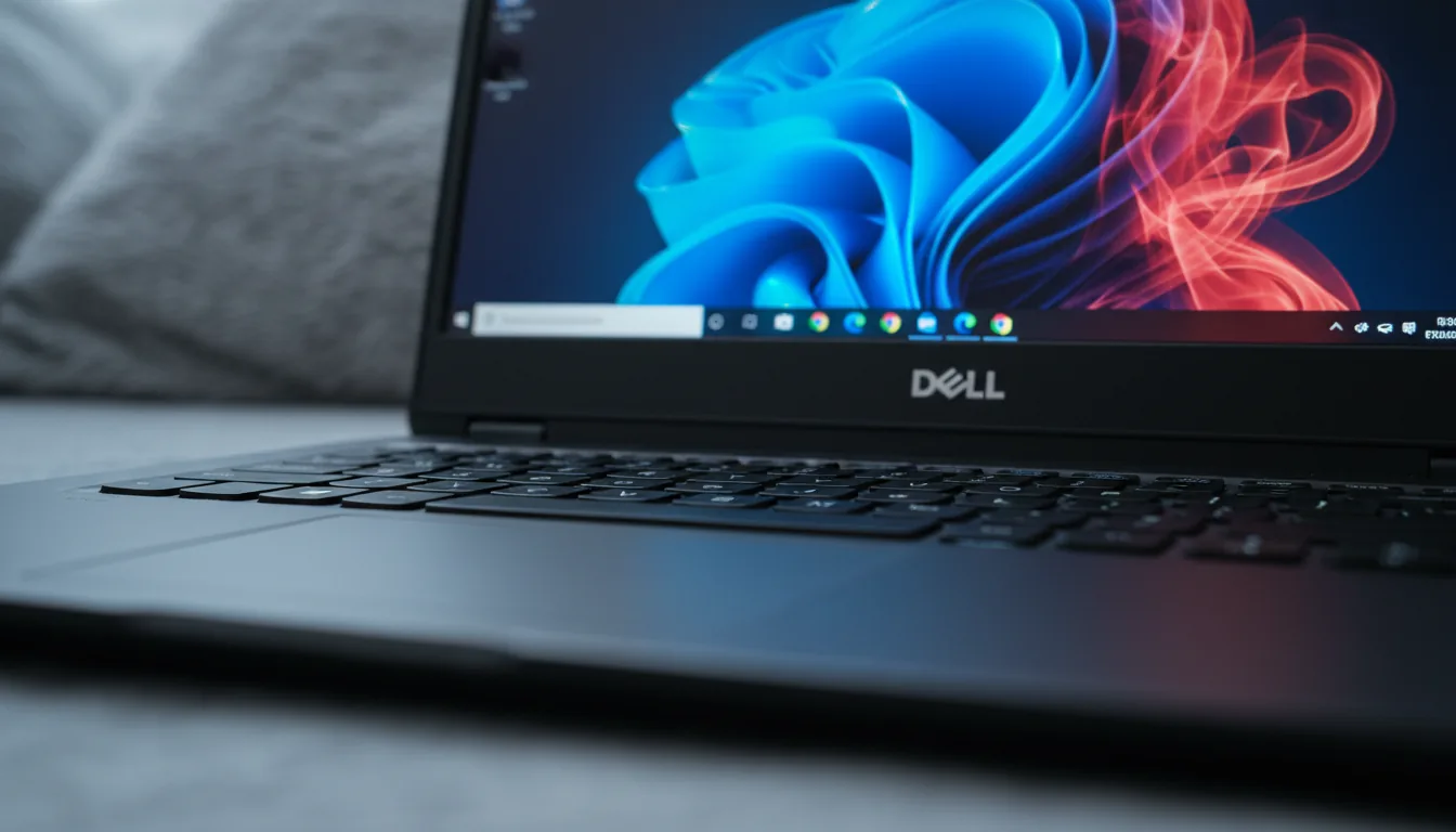 DSLR macro photograph of a black Dell laptop, viewed from a low angle across the keyboard. Soft, cool-toned indoor lighting. The shot has an extremely shallow depth of field, creating a strong bokeh effect that blurs the foreground keys and a soft grey fabric background. The focus is tack-sharp on the Dell logo and the bezel below the screen. The screen is illuminated, displaying a vibrant abstract wallpaper of swirling electric blue and red smoke, with the Windows taskbar and UI elements visible at the bottom.