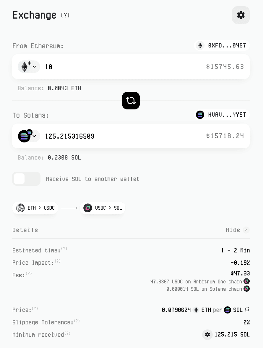 Symbiosis swap form: choosing the destination network for a cross-chain swap