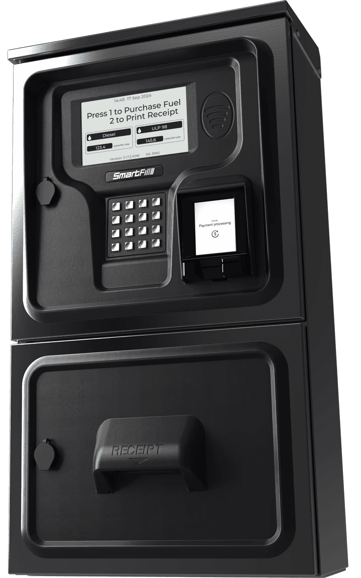 Render of SmartFill OPT, SmartFill OPT is a standalone system that allows people to make payments to receive fuel or fluids without a employee or supervisor present