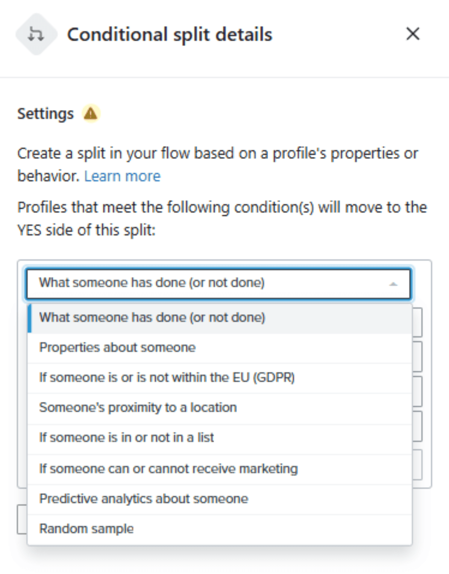 Set Conditions.png – Klaviyo conditional split settings menu displaying different segmentation options like behavior, properties, location, and predictive analytics.