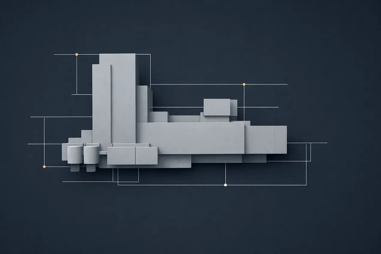 Pale geometric blocks form an abstract fortress-like structure on a dark blue background, connected by thin lines and small gold and white points.