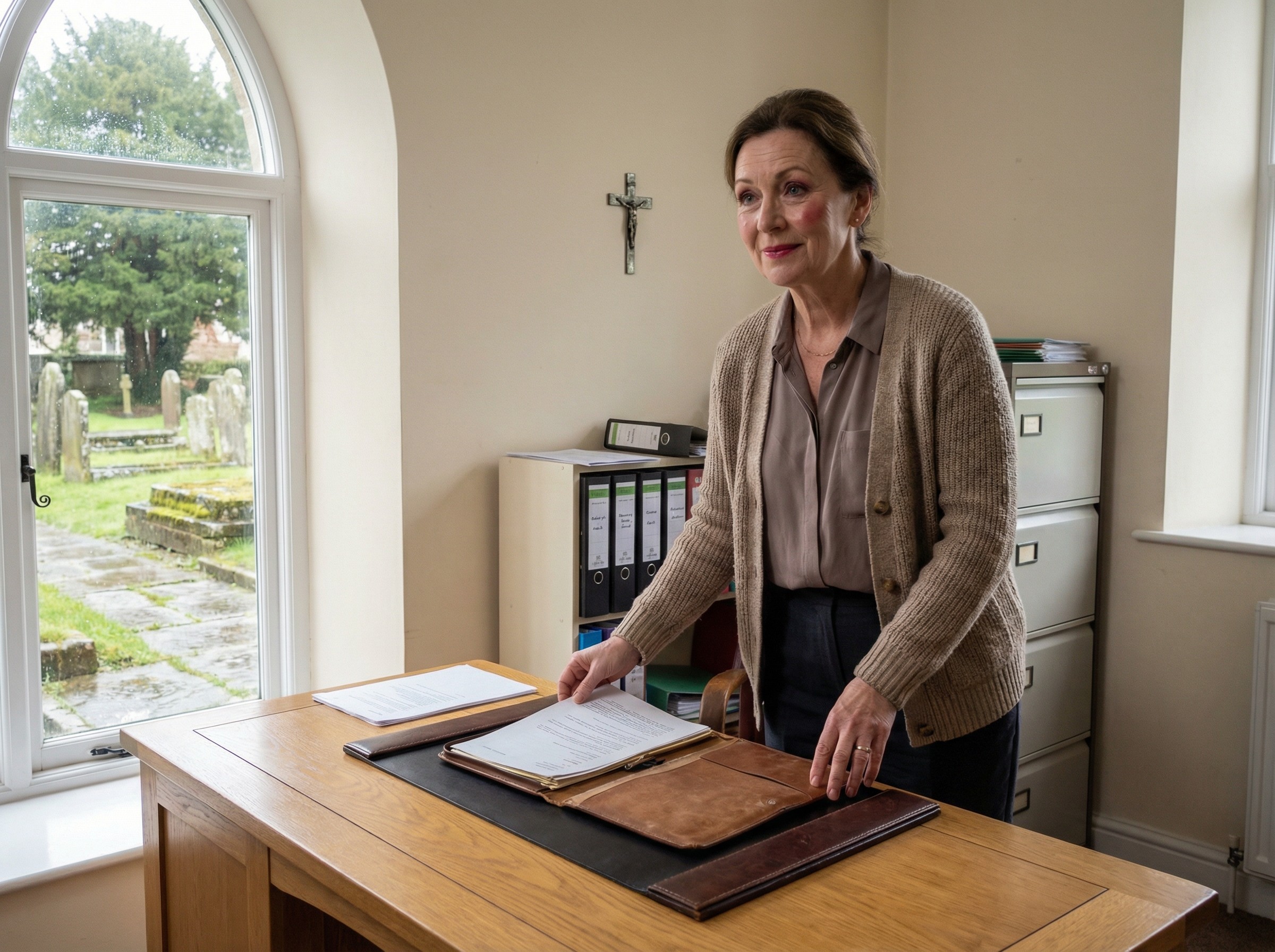 Ein ruhiges Pfarramtsbüro mit Aktenschrank, Stempel und ordentlich beschrifteten Ordnern. Eine Mitarbeiterin legt unterzeichnete Formulare in eine Mappe. Ein kleines Kreuz an der Wand und ein Blick auf den Kirchhof setzten einen dezenten Kontext.