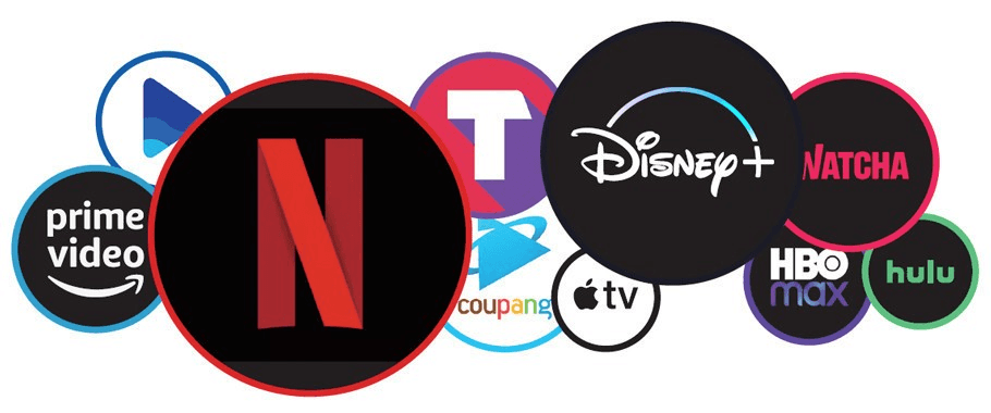 넷플릭스, 디즈니+, 왓챠, 애플TV, 쿠팡플레이, 아마존 프라임비디오, HBO맥스, 훌루 등 다양한 OTT 플랫폼 로고들을 한데 모아 보여주는 이미지입니다.