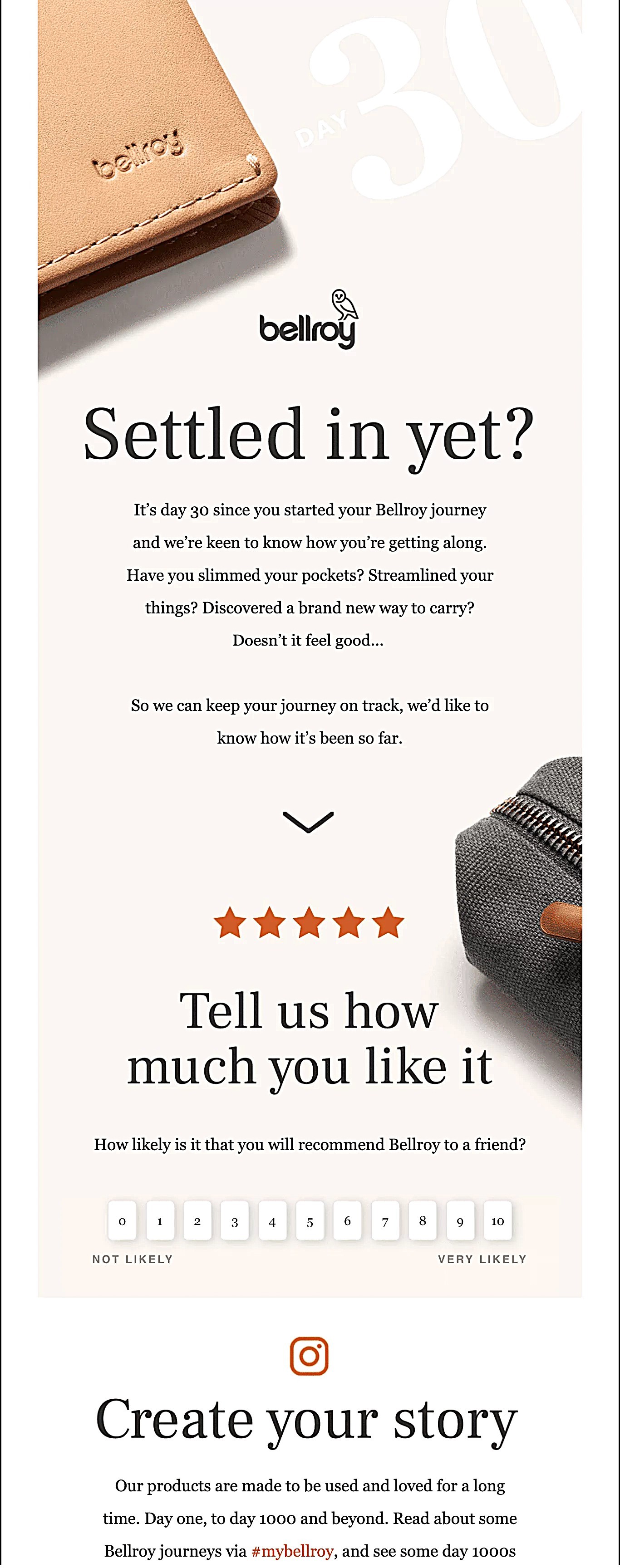 Bellroy email checking in with customers, inviting feedback and encouraging sharing on social media.