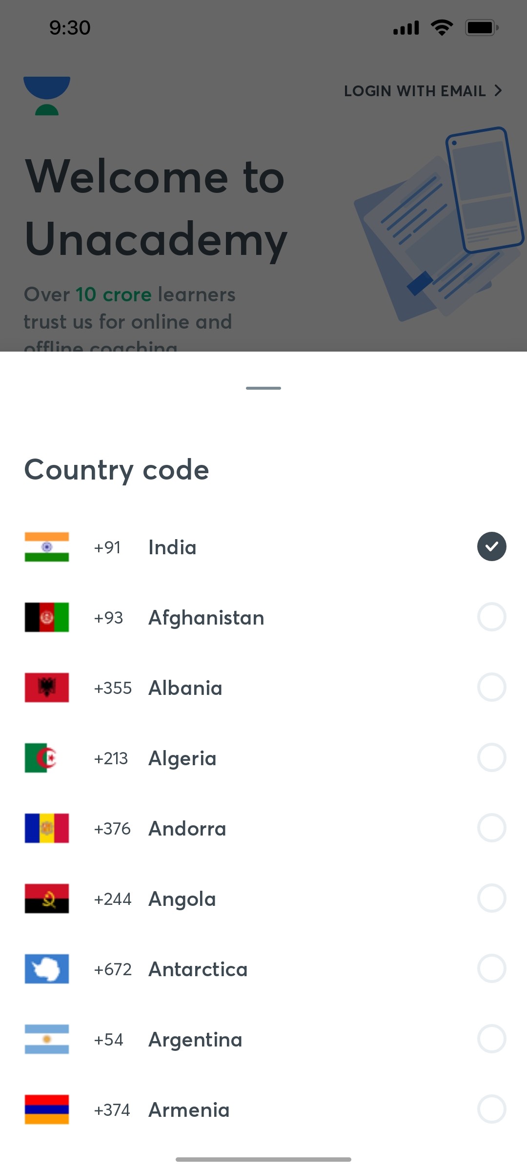 Unacademy Country Code Screen