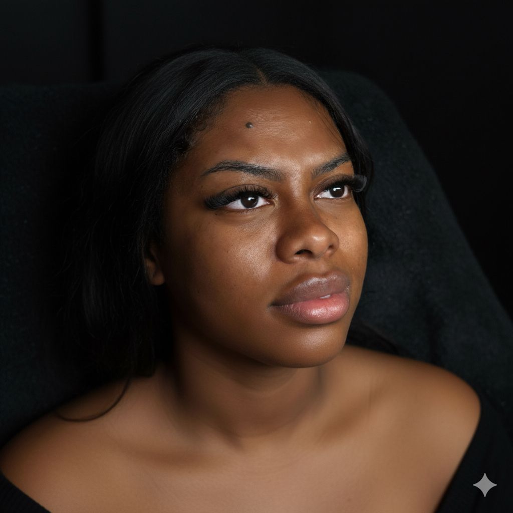 Femme au regard intense avec extensions de cils longues et brillantes, maquillage naturel et peau lumineuse – mise en valeur du regard et beauté féminine par une technicienne en extensions de cils.