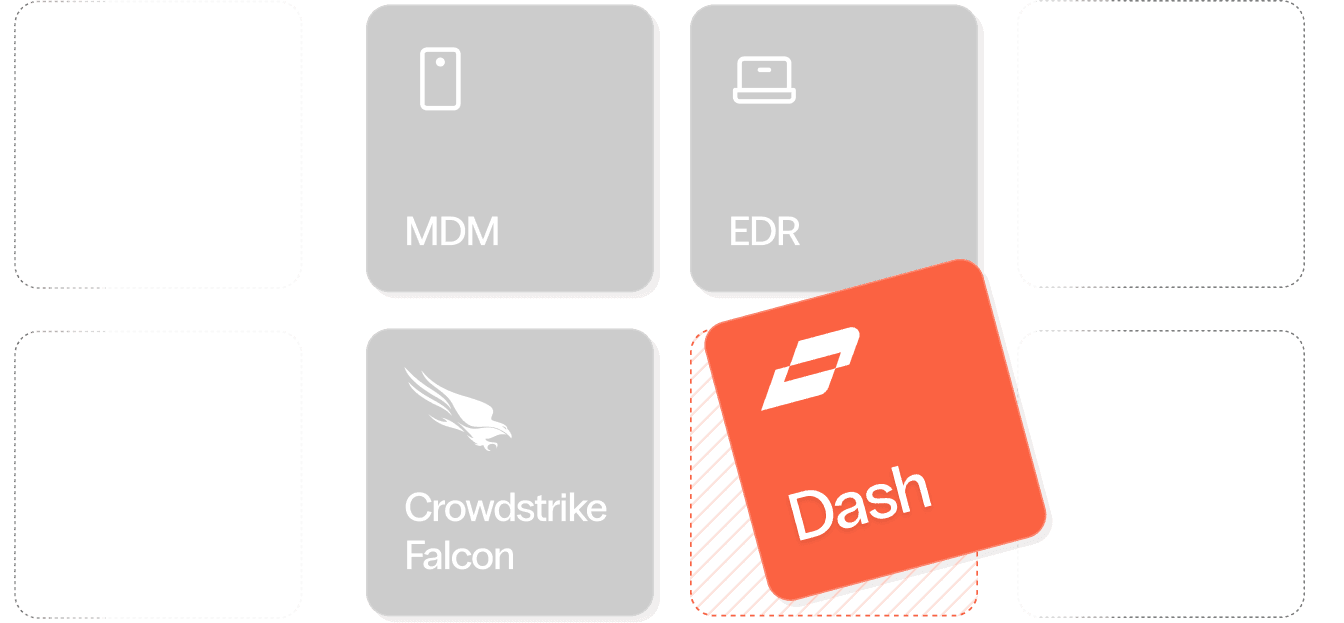 Deployment grid showing Dash alongside MDM, EDR and Crowdstrike Falcon tiles