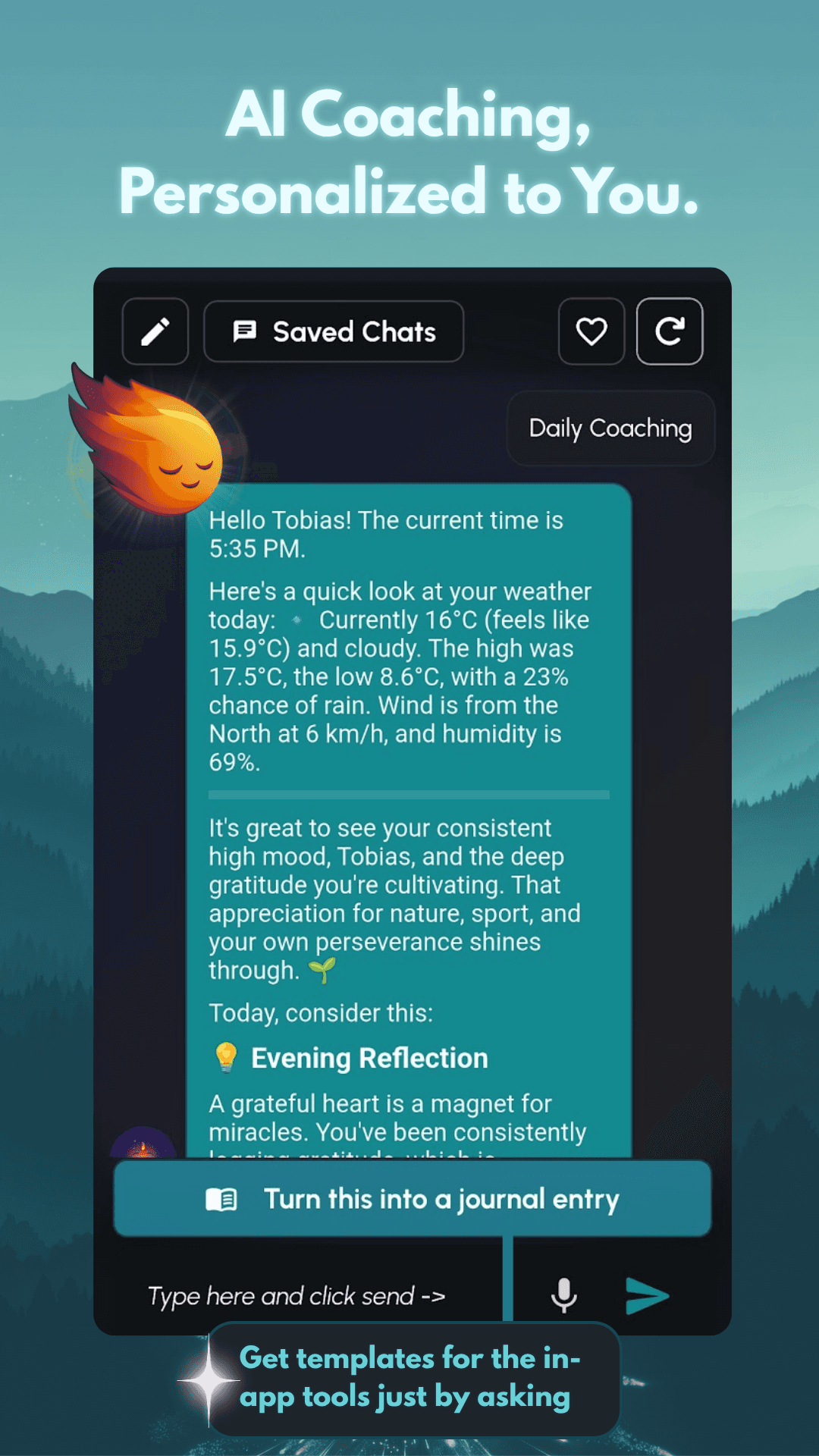 Eiren AI coach chat showing personalized daily coaching message with weather, mood insights, and one-tap journal entry creation