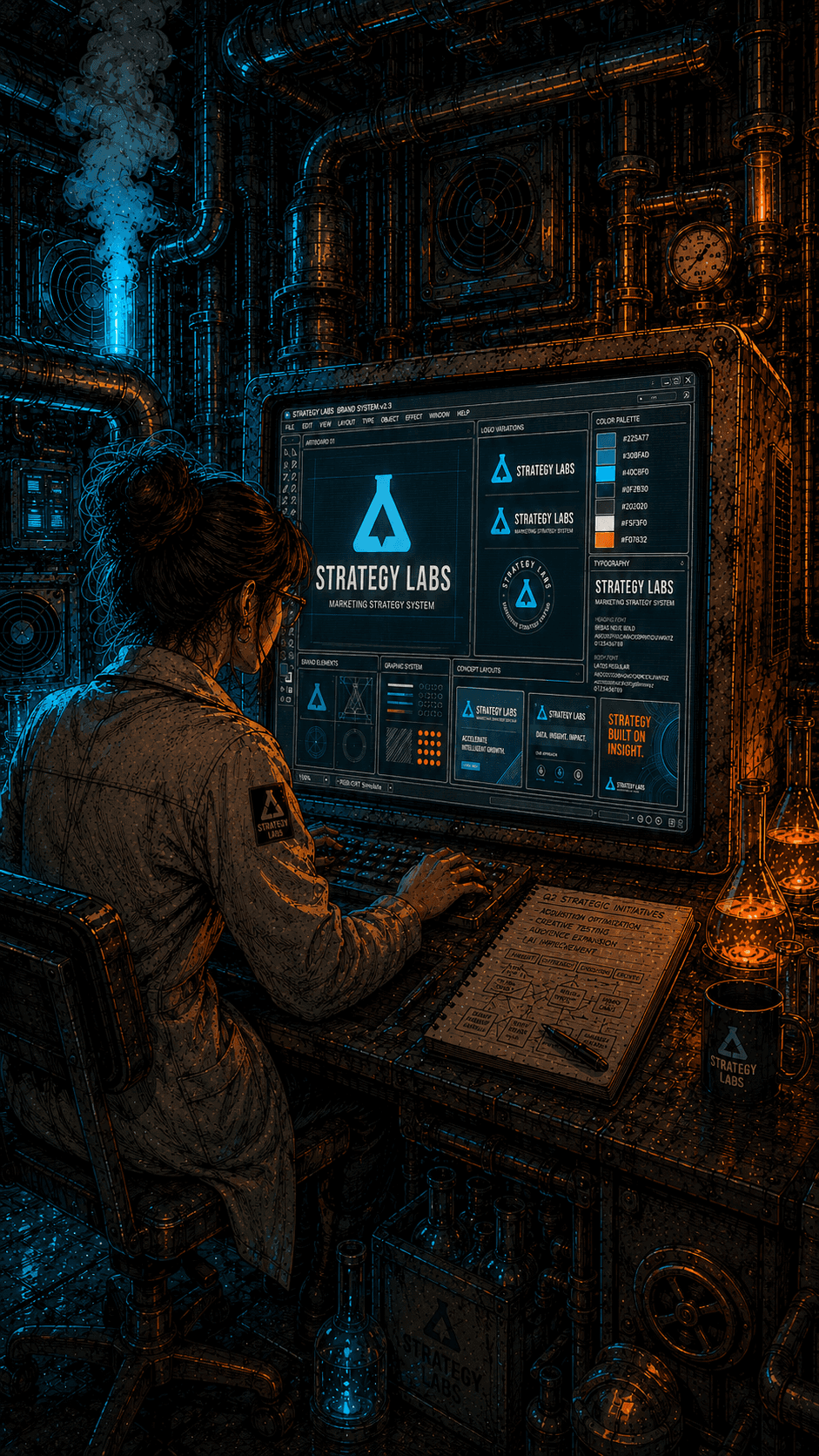 Designer working at a desk with graphic design programs on an old CRT monitor