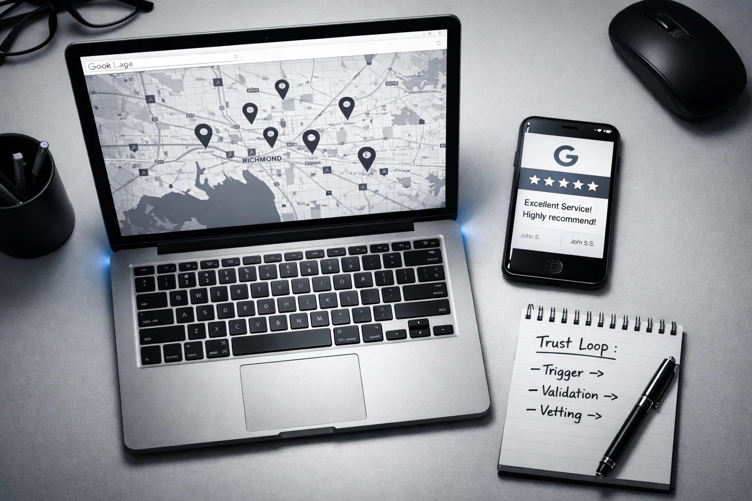 Trust Loop on mobile showing maps, reviews, and website vetting