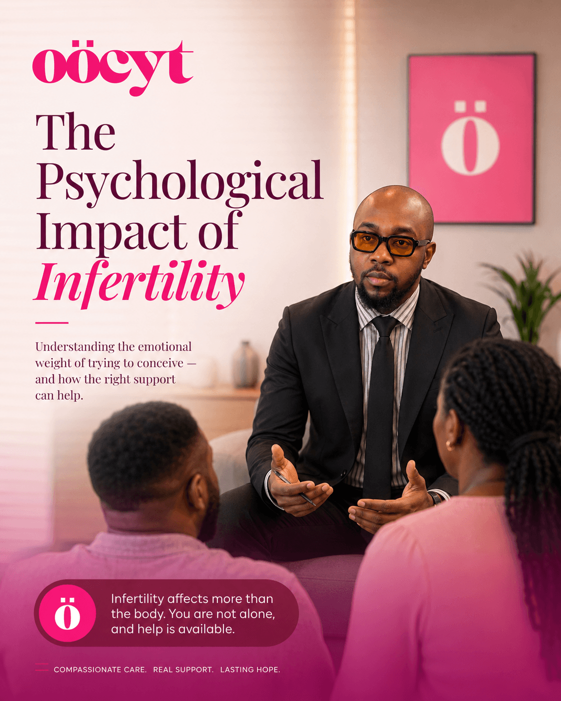 Oocyt cover showing a Nigerian fertility clinician counselling a couple, titled The Psychological Impact of Infertility.