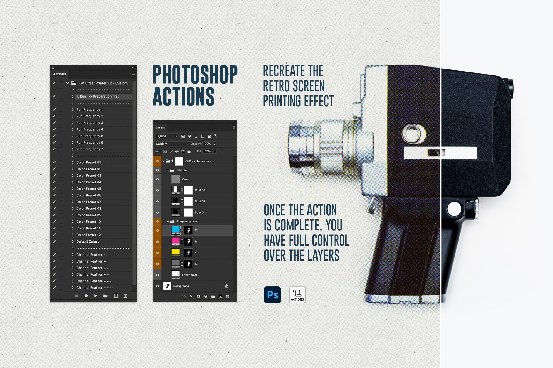 Photoshop actions panel showing full control over editable layers for the vintage offset print effect