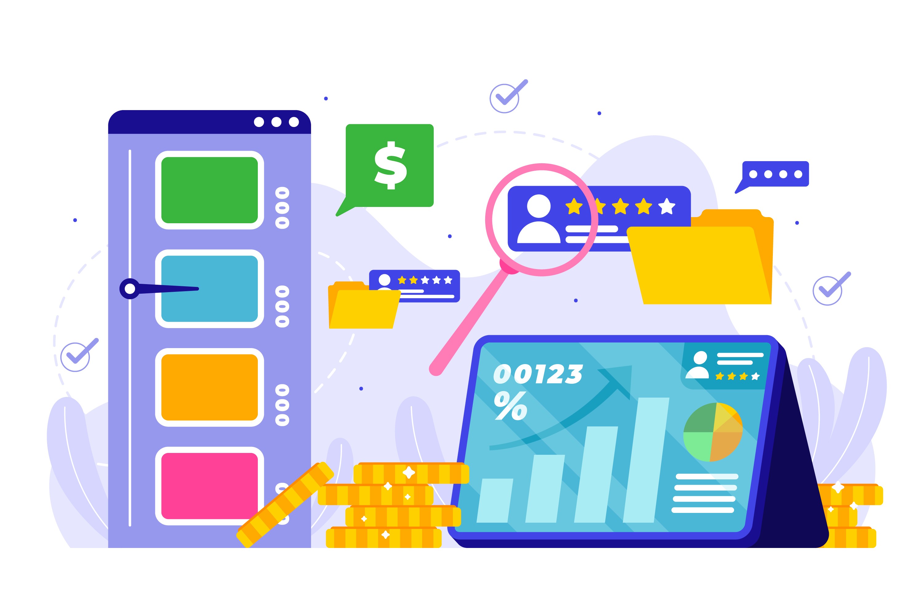 Illustration of creator vetting dashboard with star ratings, analytics, and payment icons