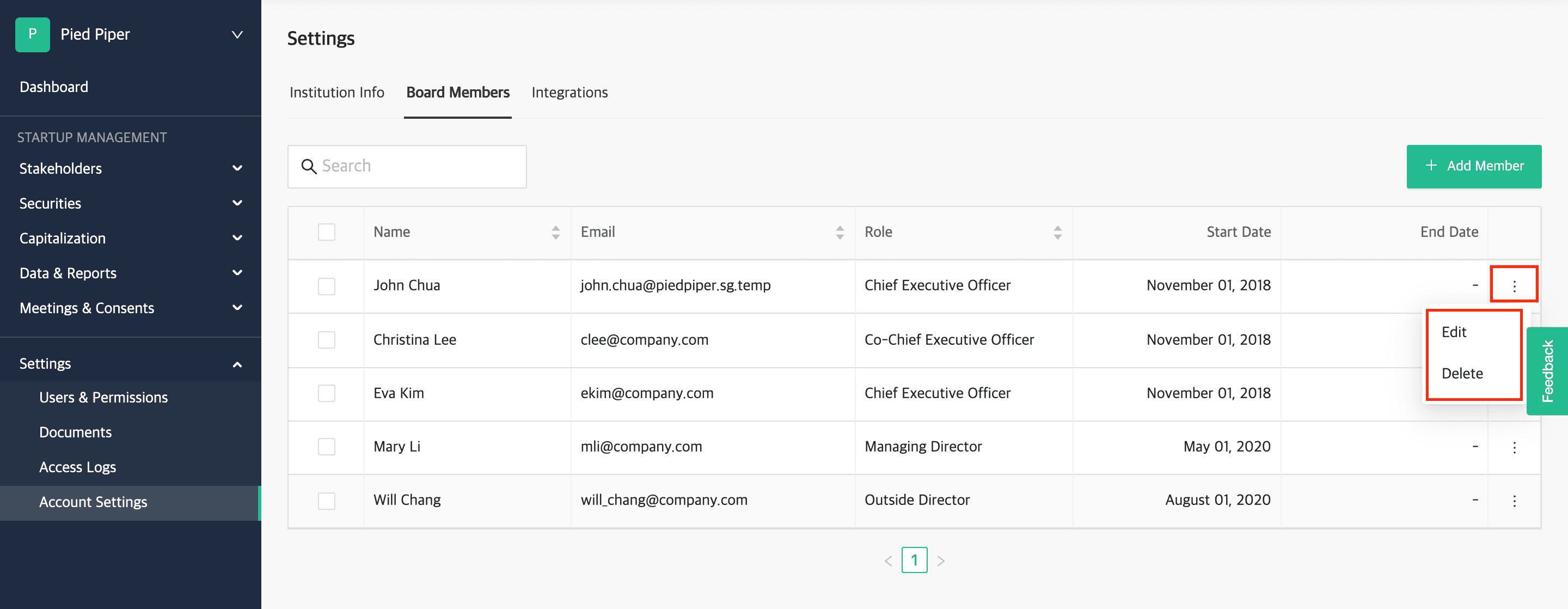 edit or delete a board member