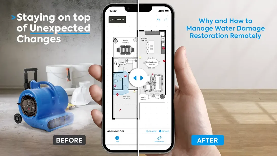 magic plan remote restoration workflow managing water damage with before and after room views