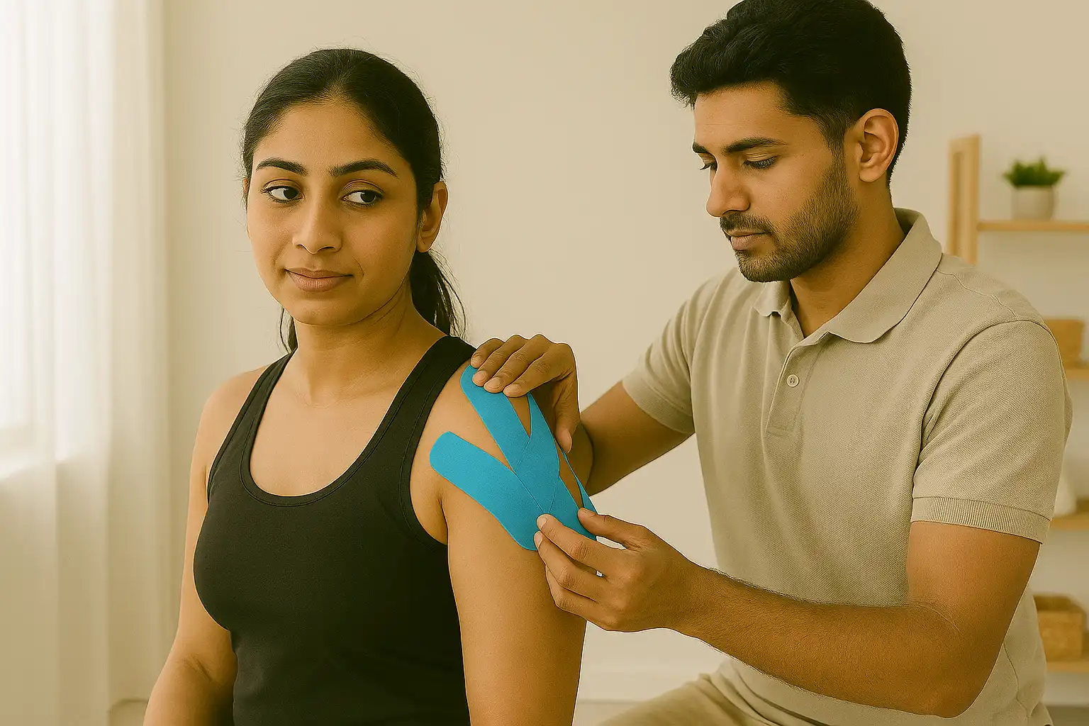 Physiotherapist applying kinesio taping on a woman’s shoulder to support muscle function and relieve shoulder pain