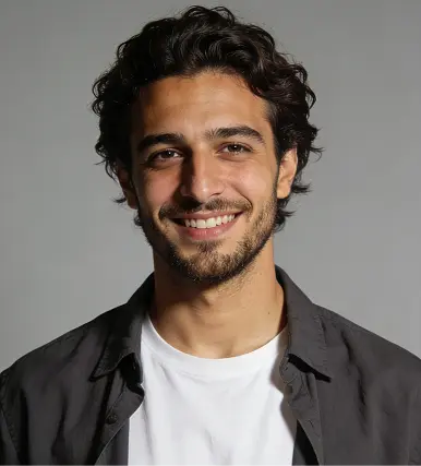a young man smill small hair and beard smiling with a white t-shirt and up this a brown shirt