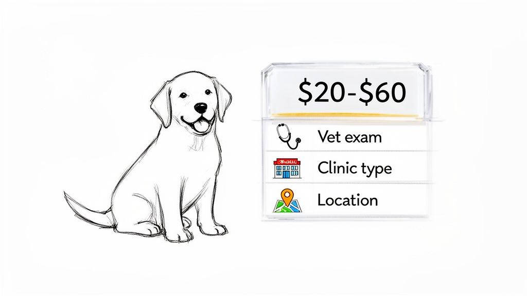 A happy puppy sketch beside a display detailing vet exam costs, clinic type, and location factors.