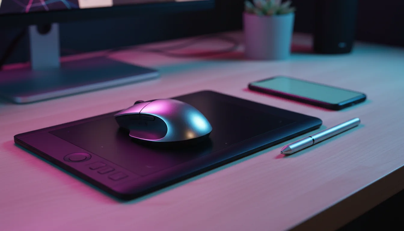 DSLR photograph of a modern creative professional's desk, featuring an ergonomic wireless mouse with a metallic finish resting on a black graphics drawing tablet. A smartphone with a blank, cool-toned screen and a digital stylus are arranged nearby on the smooth, light-colored desk surface. The scene is illuminated with dramatic, cinematic contrast lighting, with a vibrant magenta-pink light from the left and a cool, electric blue light from the right, creating colorful reflections and soft shadows. Shallow depth of field with sharp focus on the devices in the center.