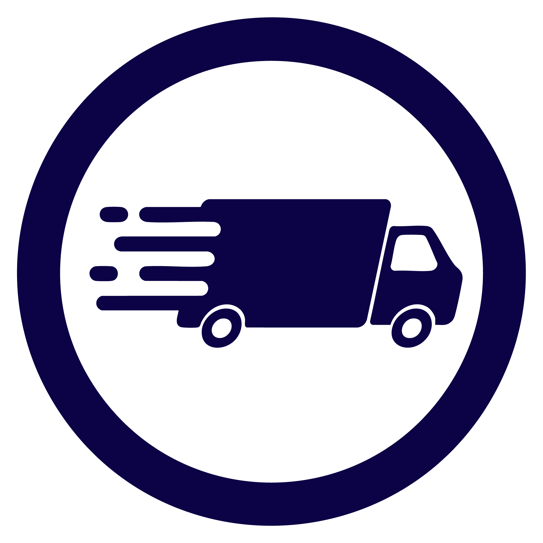 circle icon in blue of a truck driving with speed lines coming from the back