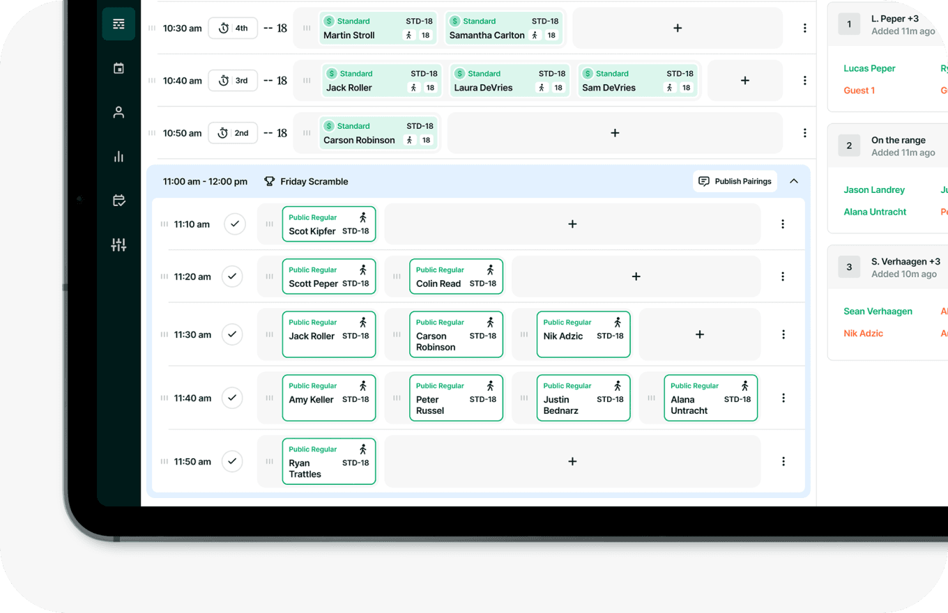 Tablet displaying tournament management tools for golf courses