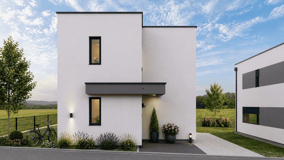 Freistehendes Einfamilienhaus mit überdachtem Eingang und moderner Kubusarchitektur