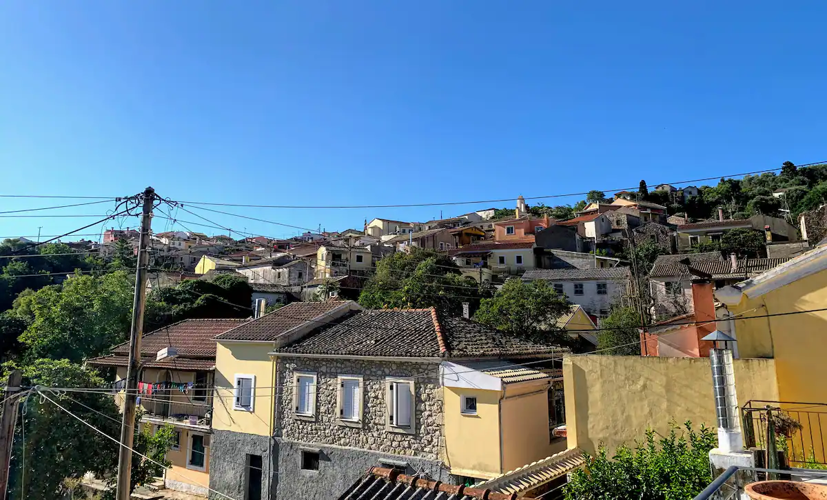 View over the hillside village of Liapades from Villa Aspros, Corfu