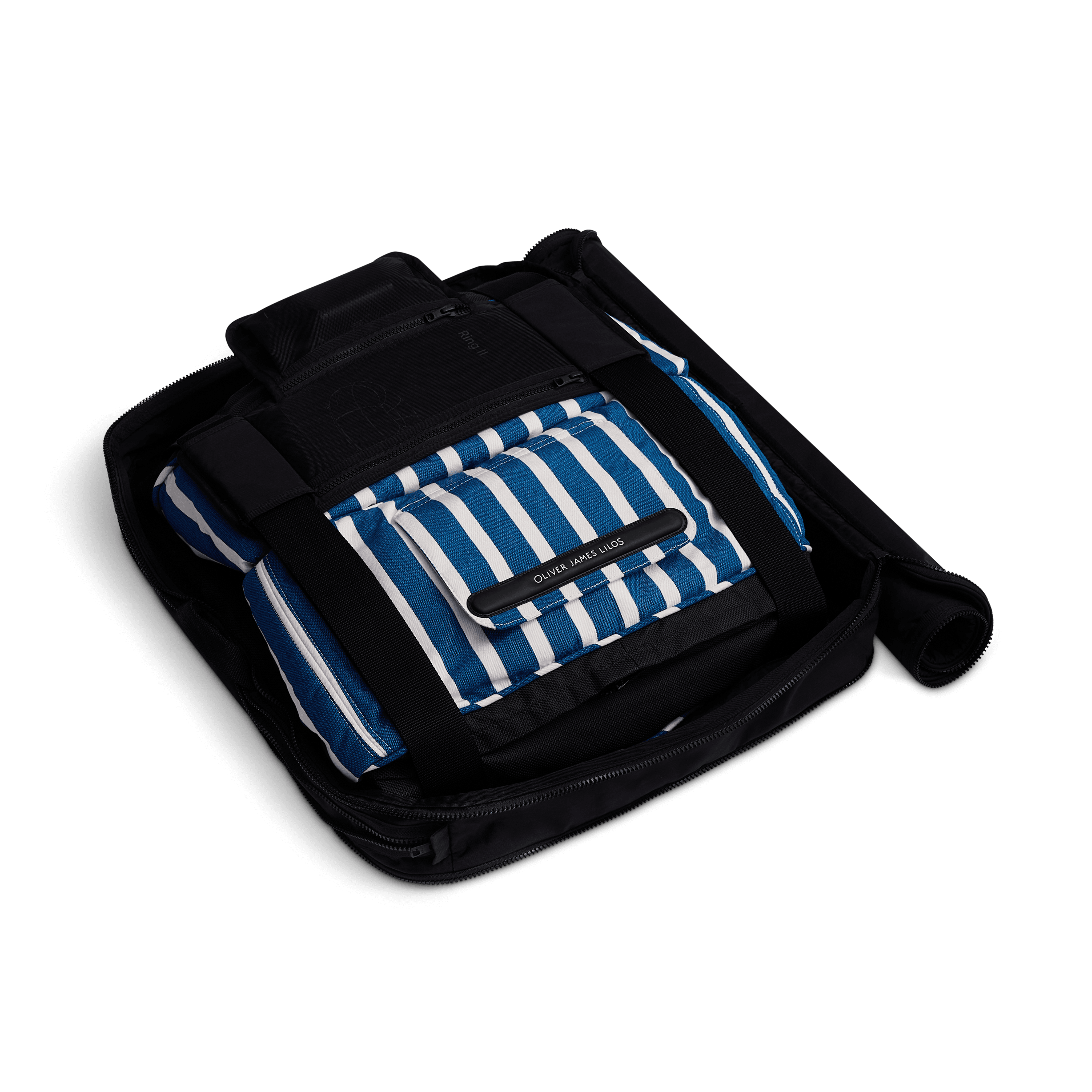 Blue-and-white lilo folded in its structured black travel case with branded label and securing straps
