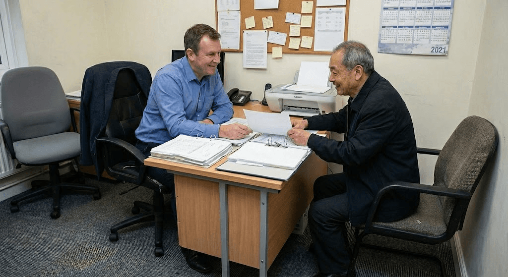 Four workers in black coveralls walk through an industrial facility.