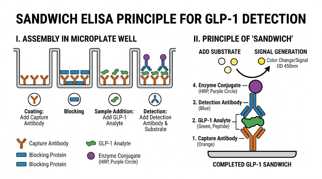 GLP-1 ELISA sandwich assay diagram showing antibody binding mechanism