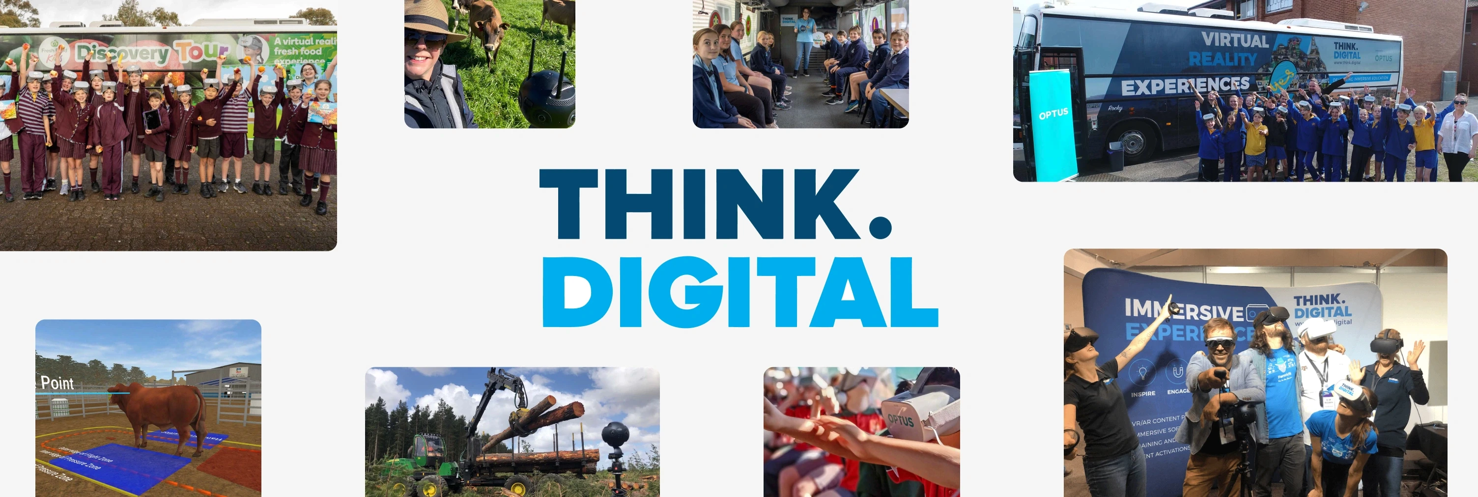 Think Digital logo with photos of students using VR headsets on a mobile learning bus and a CattleVR training simulation with a virtual cow