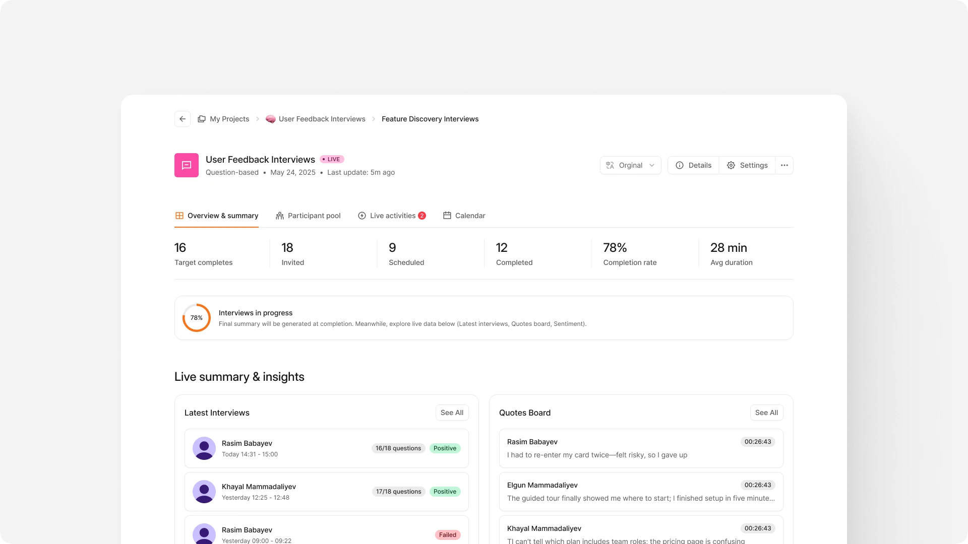 Screenshot of the Askiva web dashboard for “User Feedback Interviews,” showing interview progress metrics (invited, scheduled, completed, completion rate), tabs like Overview and Calendar, and a “Live summary & insights” section with a participant list and quotes board.