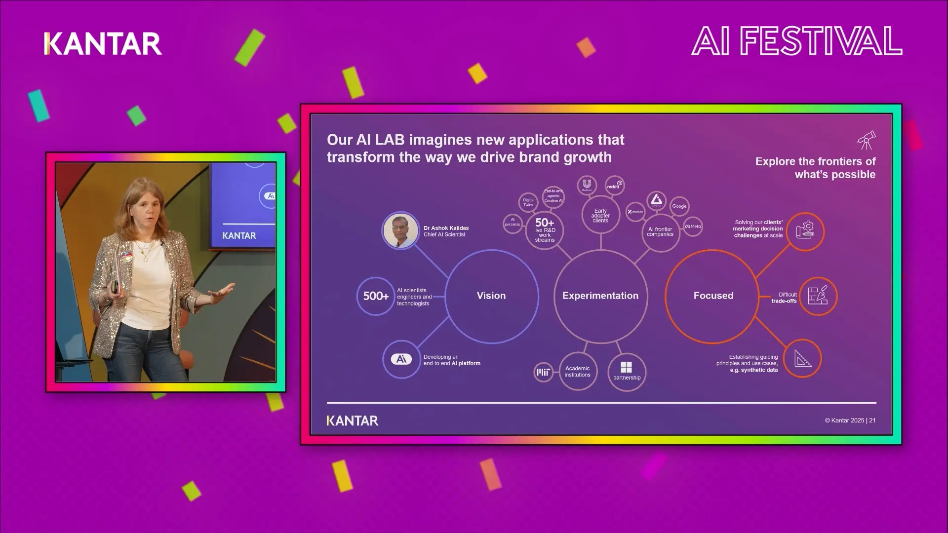 Branded AI Festival presentation slide shown alongside live speaker video during a conference session.