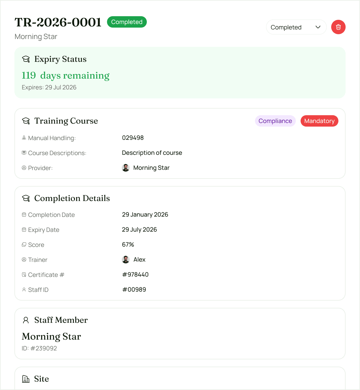 Compliance summary panel displaying task status, progress tracking, and reporting overview for aged care standards