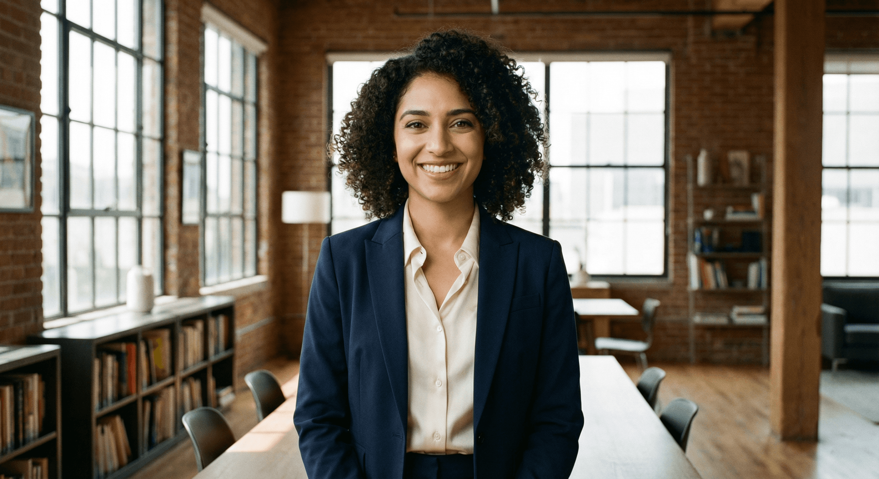 Testimonial card featuring a professional woman smiling in an office setting, alongside a positive review about creating engaging scroll-stopping video content, with a five-star rating.