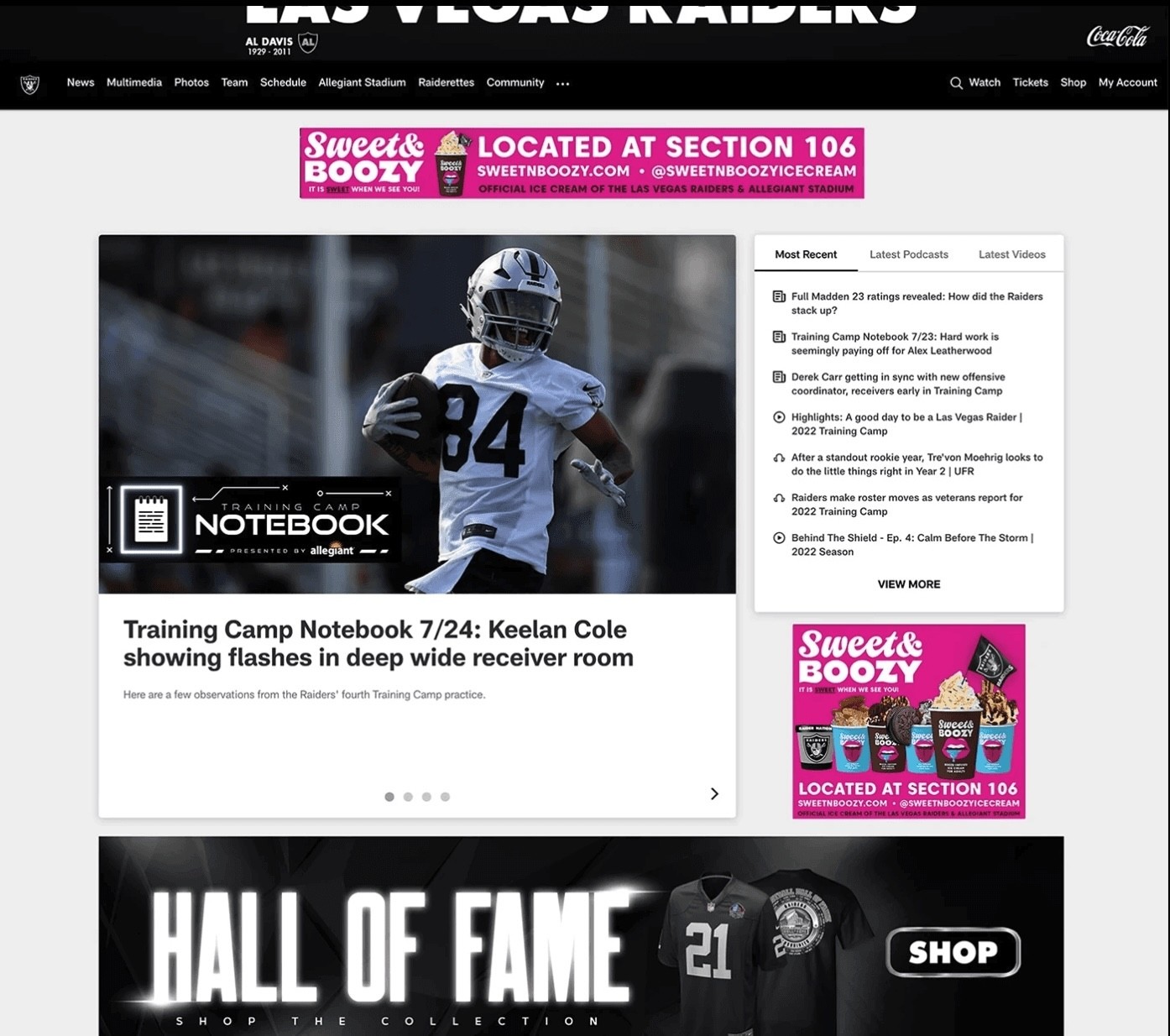 Sweet & Boozy ads on Las Vegas Raiders Website