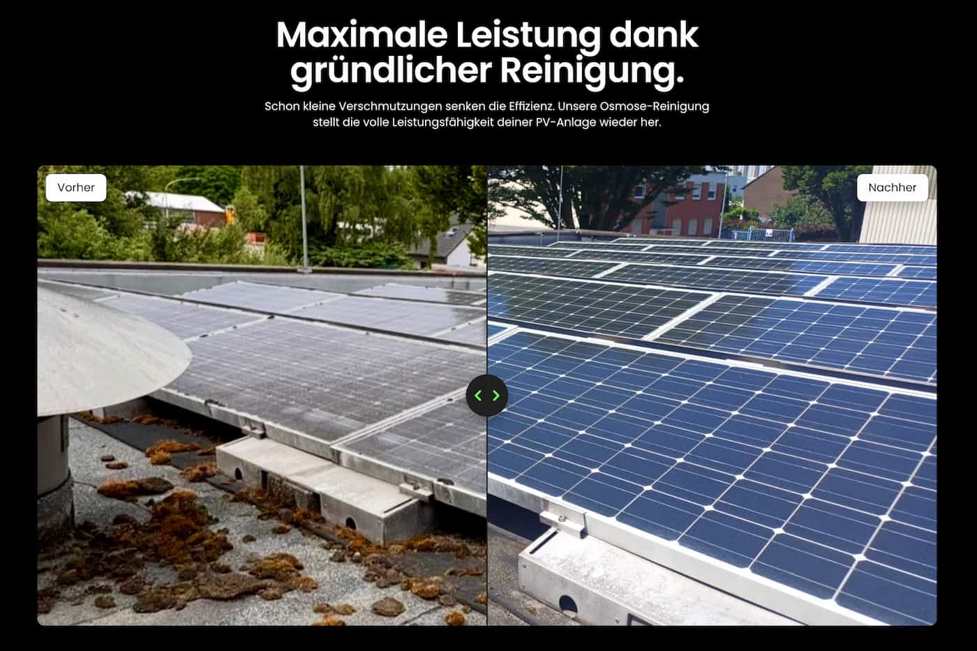 Interaktiver Vorher-Nachher-Vergleich einer professionellen Photovoltaik-Reinigung zur Ertragsoptimierung – Professionelles Webdesign für Solarfirmen von Webnity-X.