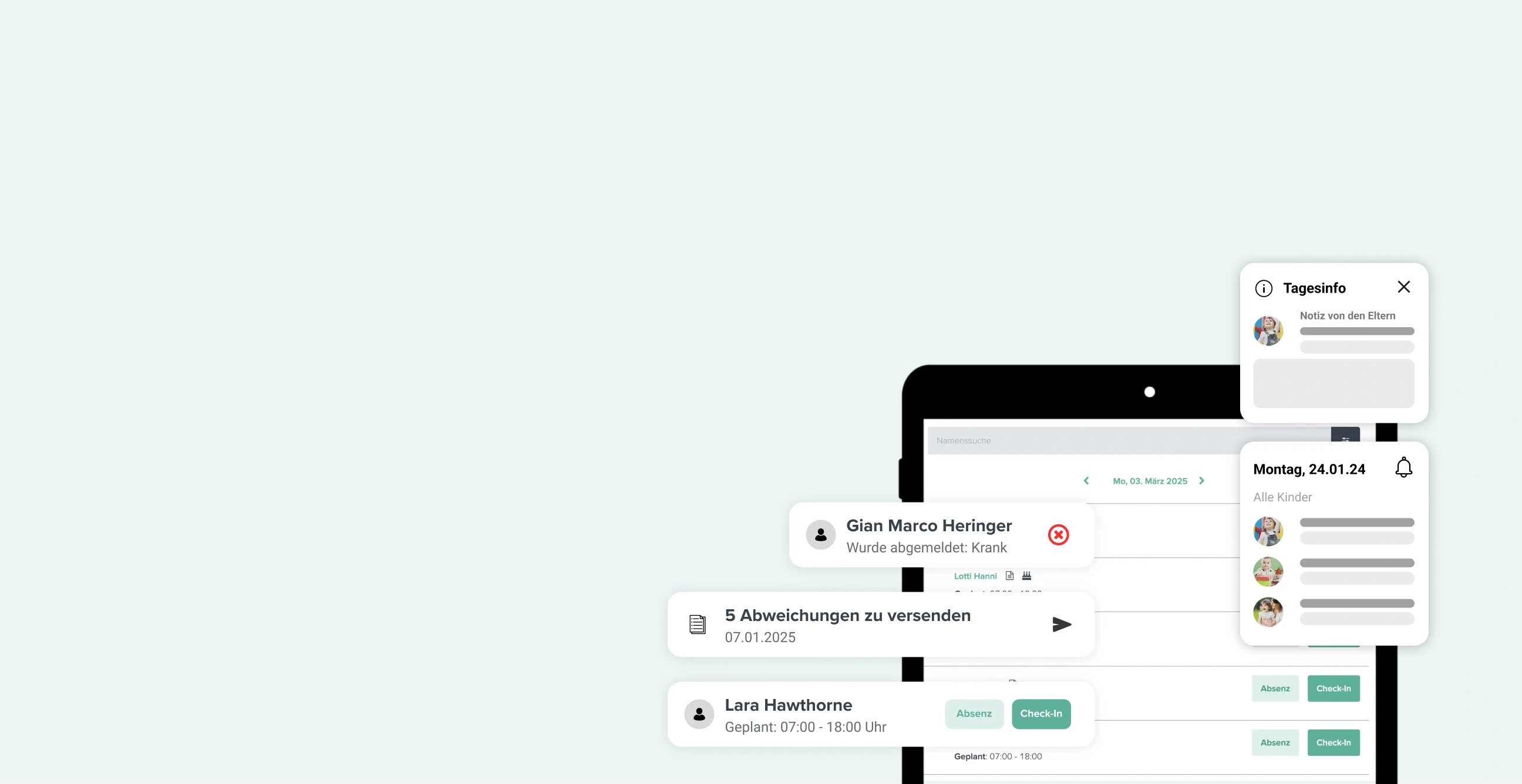 Mit nur einem Klick sind Kinder in groupAdmin eingecheckt, was die Anwesenheitskontrolle deutlich erleichtert