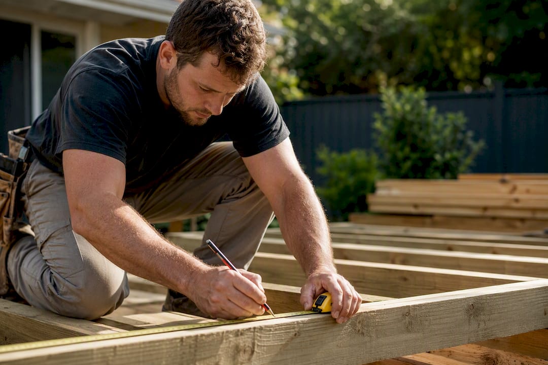 Carpenter measuring deck beams at construction site