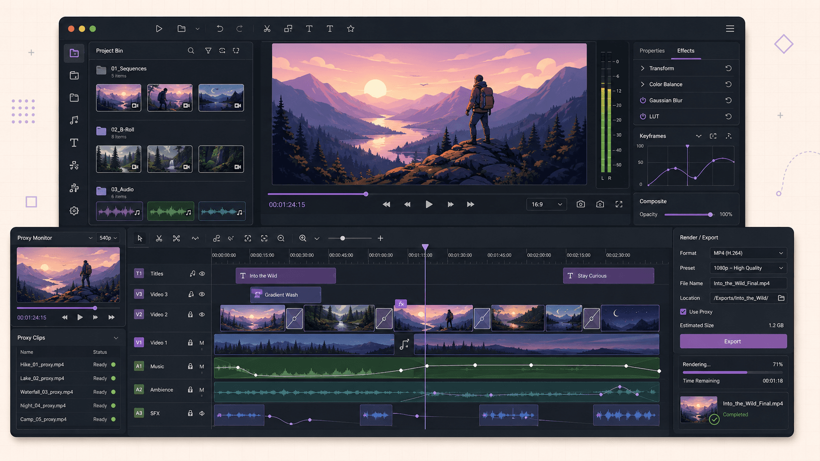 Kdenlive video-editing workspace with proxy clips, effects, keyframes, layered video and audio tracks, and active export progress.