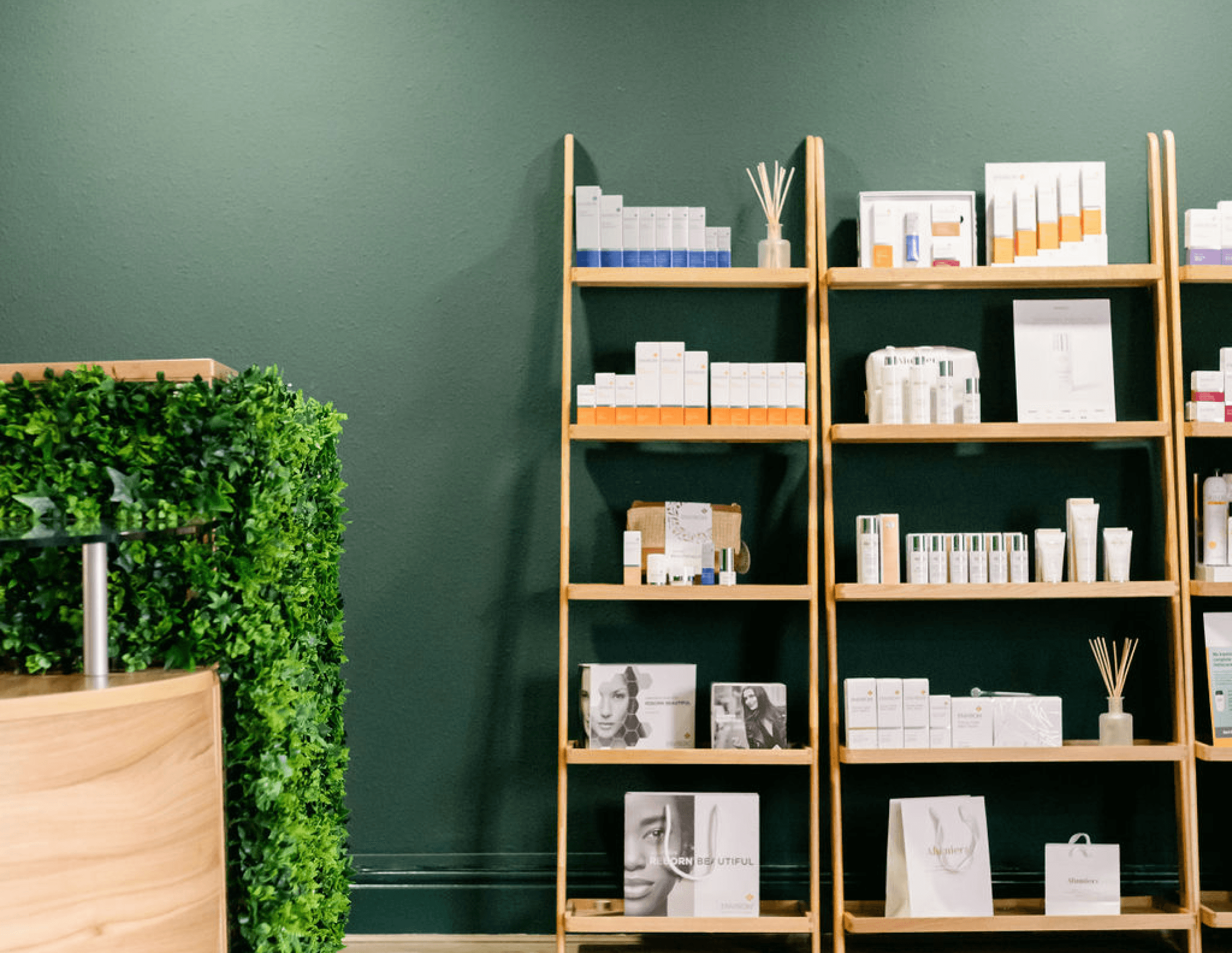 products on wooden ladder shelves