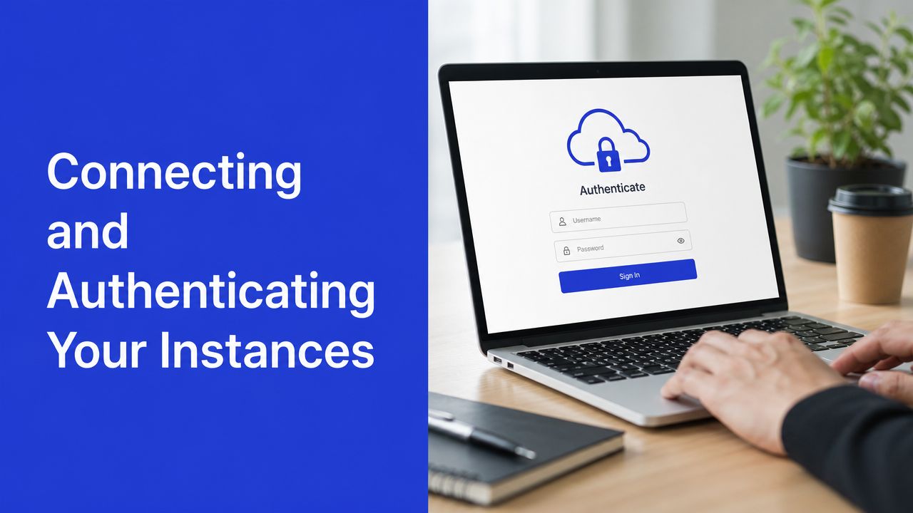 A person using a laptop to authenticate into a system for connecting and managing cloud instances.