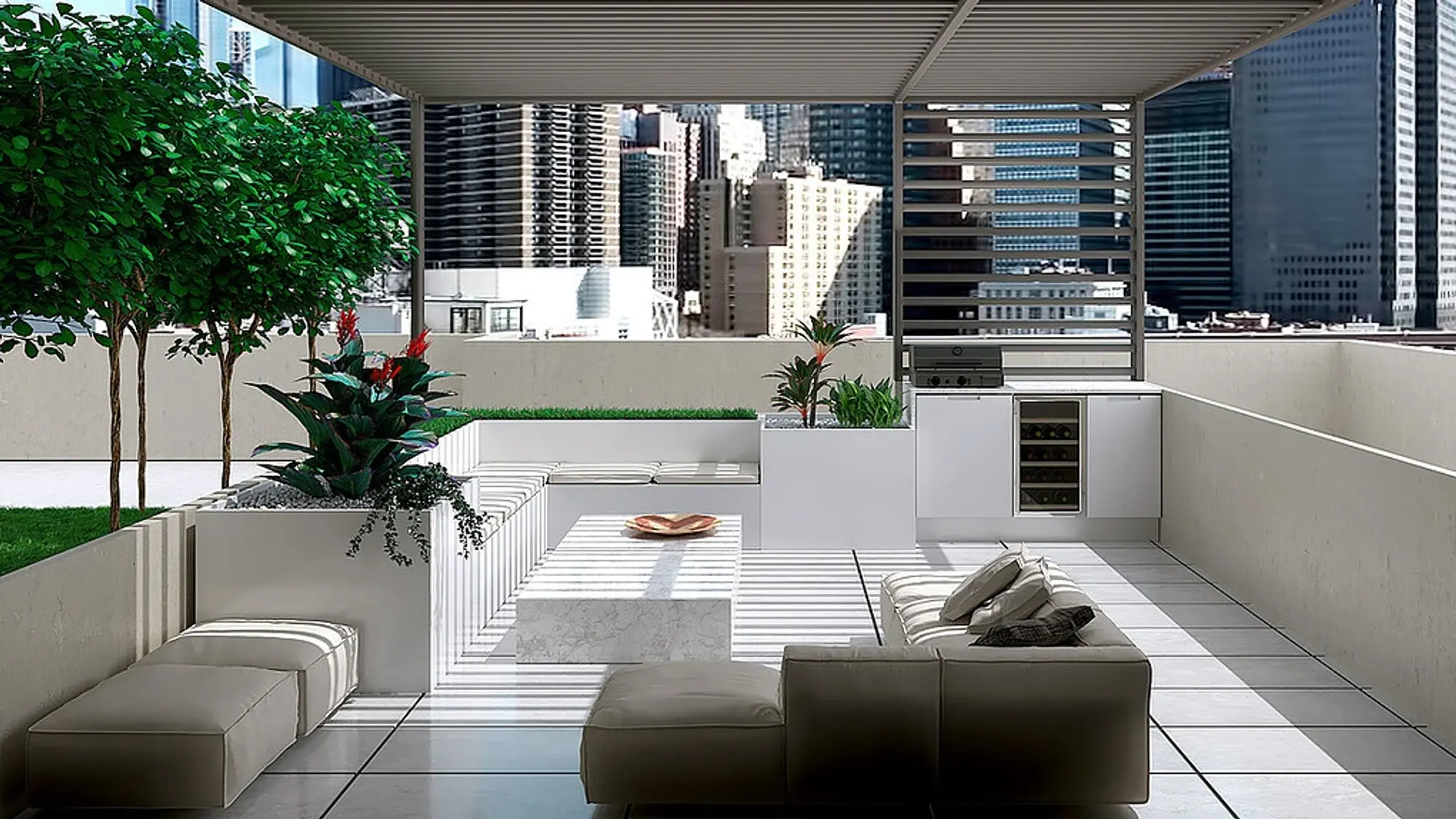 A modern rooftop patio featuring stylish furniture and a panoramic view of the city skyline.