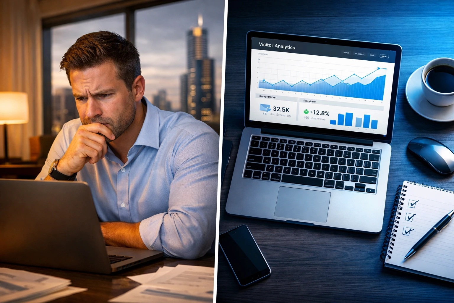 Professional comparing ineffective website to successful analytics dashboard showing conversion growth