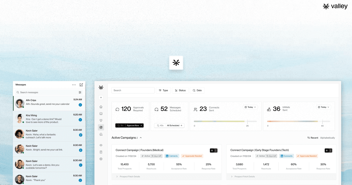 A clean dashboard view showing Valley’s unified inbox with active LinkedIn conversations on the left and performance metrics for approvals, scheduled messages, connects, and InMails on the right.