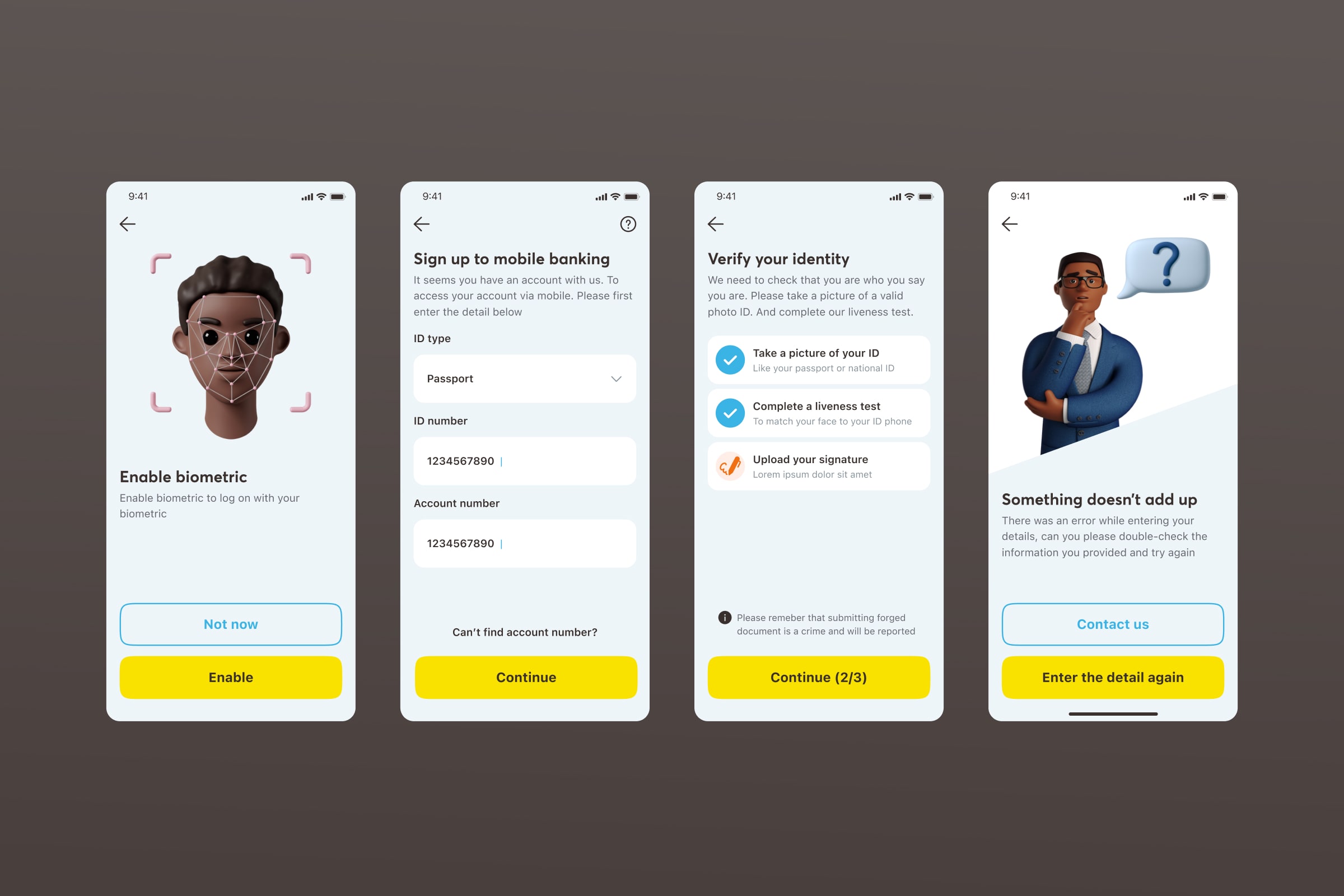 Four mobile screens from the NCBA onboarding flow: biometric setup, mobile banking sign-up form, identity verification checklist, and an error state screen.