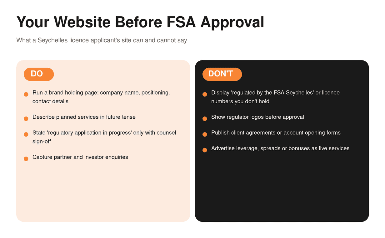 Do/Don't card showing allowed vs prohibited claims before FSA approval