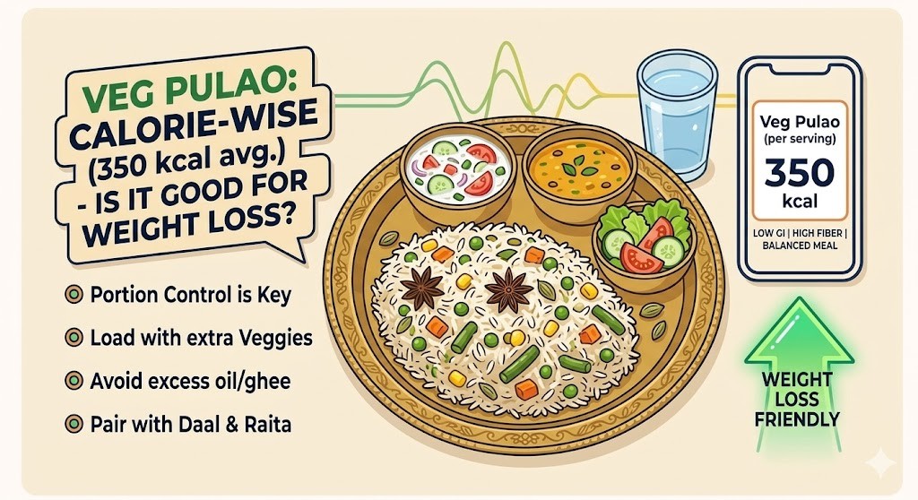 A vector illustration detailing how vegetable pulao can be part of a weight loss diet. It features a complete Indian meal thali with veg pulao, dal, and raita, along with a smartphone showing a 350-calorie reading per serving and key nutritional benefits like high fiber. Text on the left poses the question "Is Veg Pulao Good for Weight Loss?" with tips on portion control and loading with veggies.